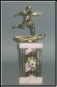 2309, $7.50 Soccer Trophy, twin pedistal with die-sublimaiton pedistal.