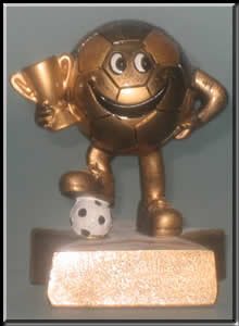LBR18, $5.50, Soccer Trophy, smiley face soccer ball holding trophy, one foot on soccer ball.